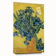 Acrylic print of a large abstract painting with swirling blue and yellow patterns, suitable for bedroom or dining room decor.