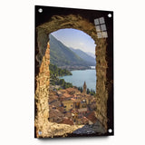 Acrylic glass artwork showcasing a stunning side view of a castle landscape, elegantly displayed with pins for easy mounting, ideal for home decor enthusiasts.