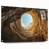 Acrylic glass artwork showcasing a vibrant landscape with cave formations, framed from a side view and secured with pins, ideal for modern decor enthusiasts.