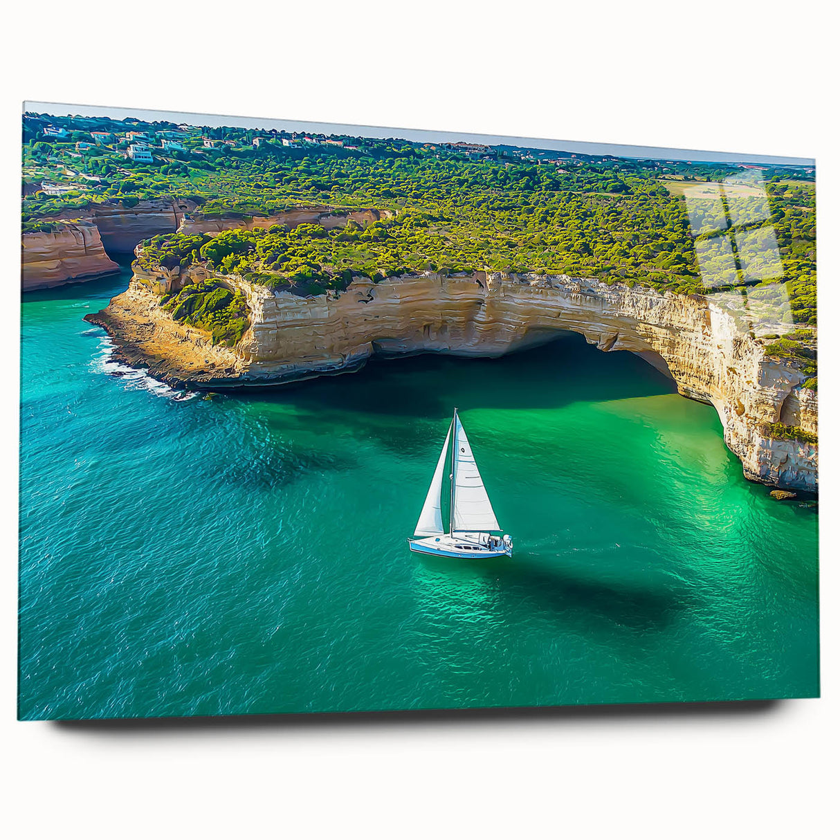 Acrylic glass artwork showcasing a serene landscape with cliffs and vibrant colors, viewed from the side without pins, perfect for modern decor.