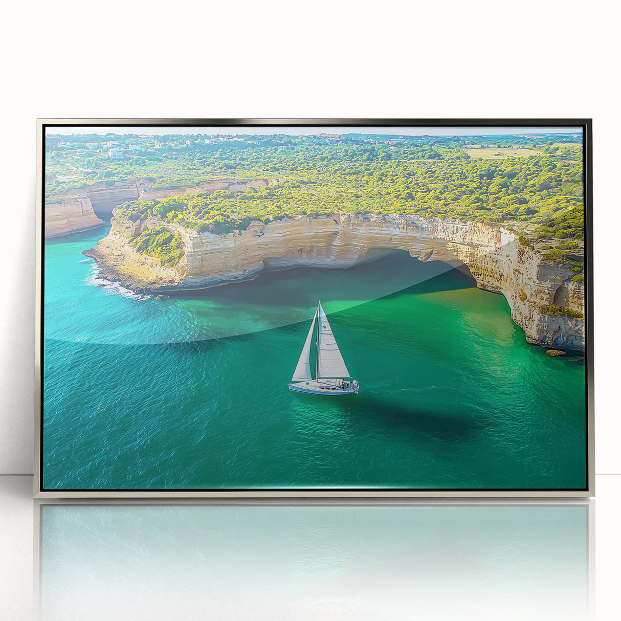 Framed acrylic artwork depicting dramatic cliffs and serene landscapes, showcasing vibrant colors and intricate details, ideal for enhancing modern home decor.