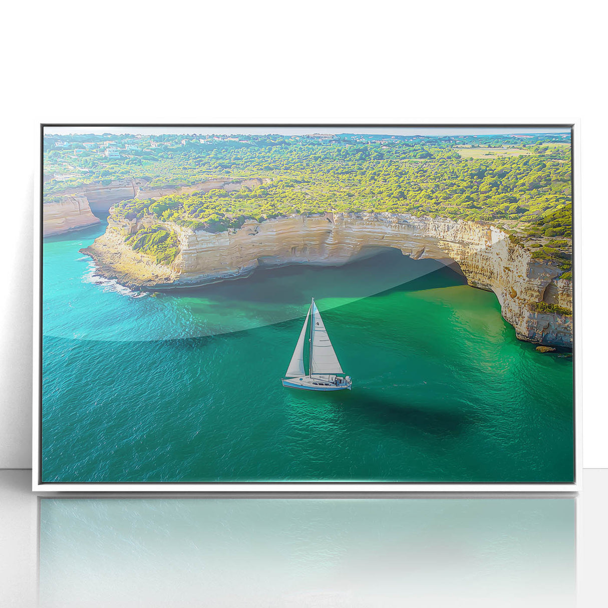 Framed acrylic landscape artwork showcasing dramatic cliffs against a vibrant sunset, featuring a sleek white frame that enhances its modern aesthetic. Ideal for adding a touch of nature-inspired elegance to home décor.