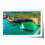 Vibrant rolled print of a dramatic cliff landscape, showcasing rich colors and intricate details, packaged securely in a protective cardboard tube for easy transport.
