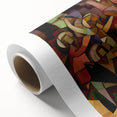 Abstract figurative rolled canvas artwork showcasing vibrant colors and dynamic shapes, elegantly packaged in a protective cardboard tube for safe shipping. Ideal for modern home decor.