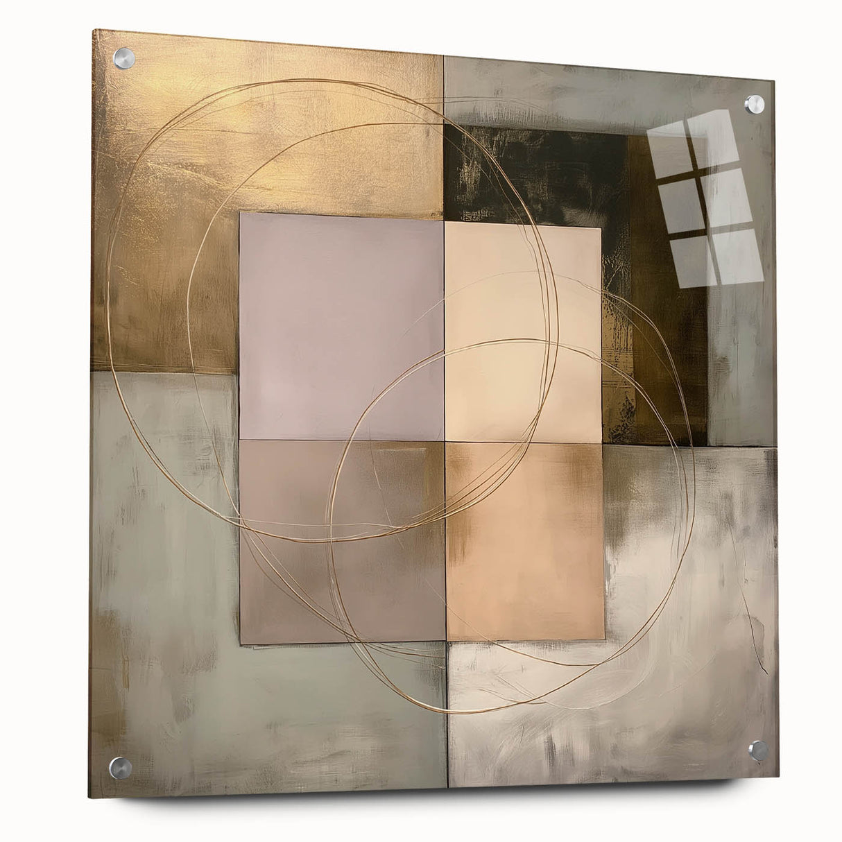 Abstract geometric acrylic glass artwork displaying vibrant colors and intricate patterns, side view showcasing attachment pins for secure mounting. Ideal for modern decor.