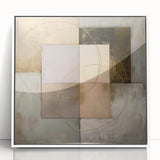 Abstract geometric framed acrylic art piece showcasing a dynamic interplay of shapes and colors, featuring a sleek white frame, ideal for modern decor.