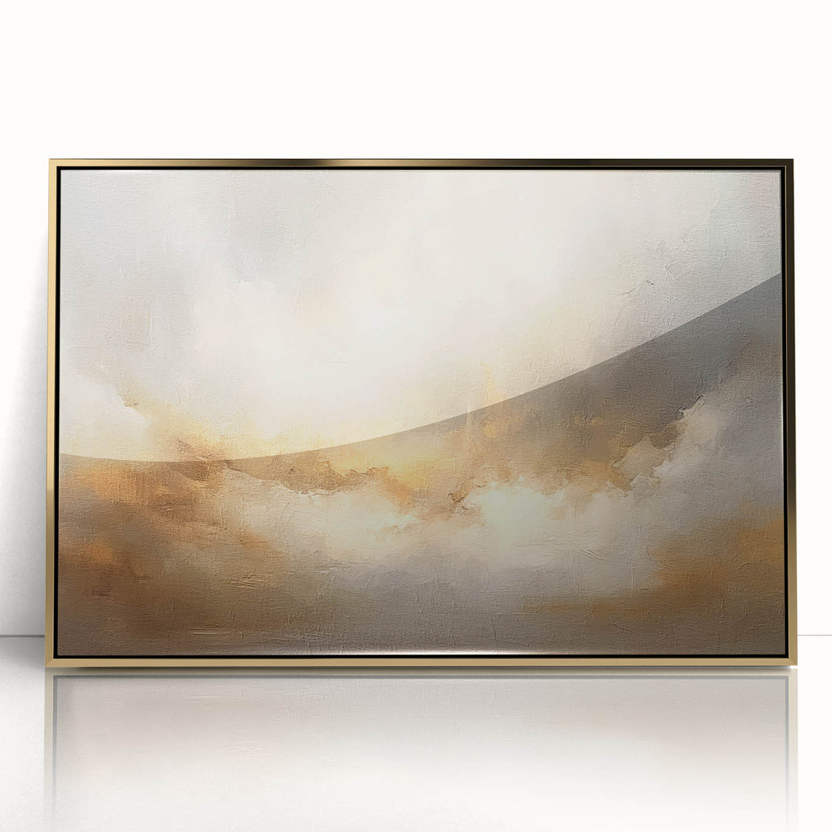 Framed abstract landscape wall art featuring rich gold and neutral tones, designed to enhance modern decor with an elegant touch, displayed against a white background.
