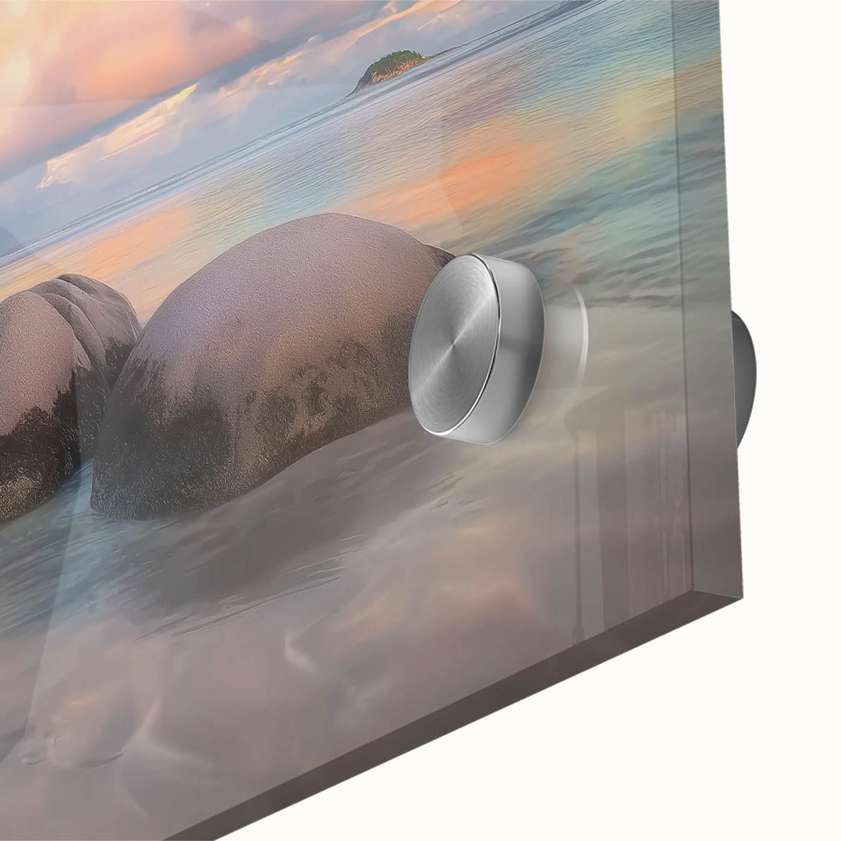Close-up of a vibrant acrylic glass artwork depicting a serene beach landscape, showcasing detailed textures and vivid colors, perfect for coastal-themed decor.