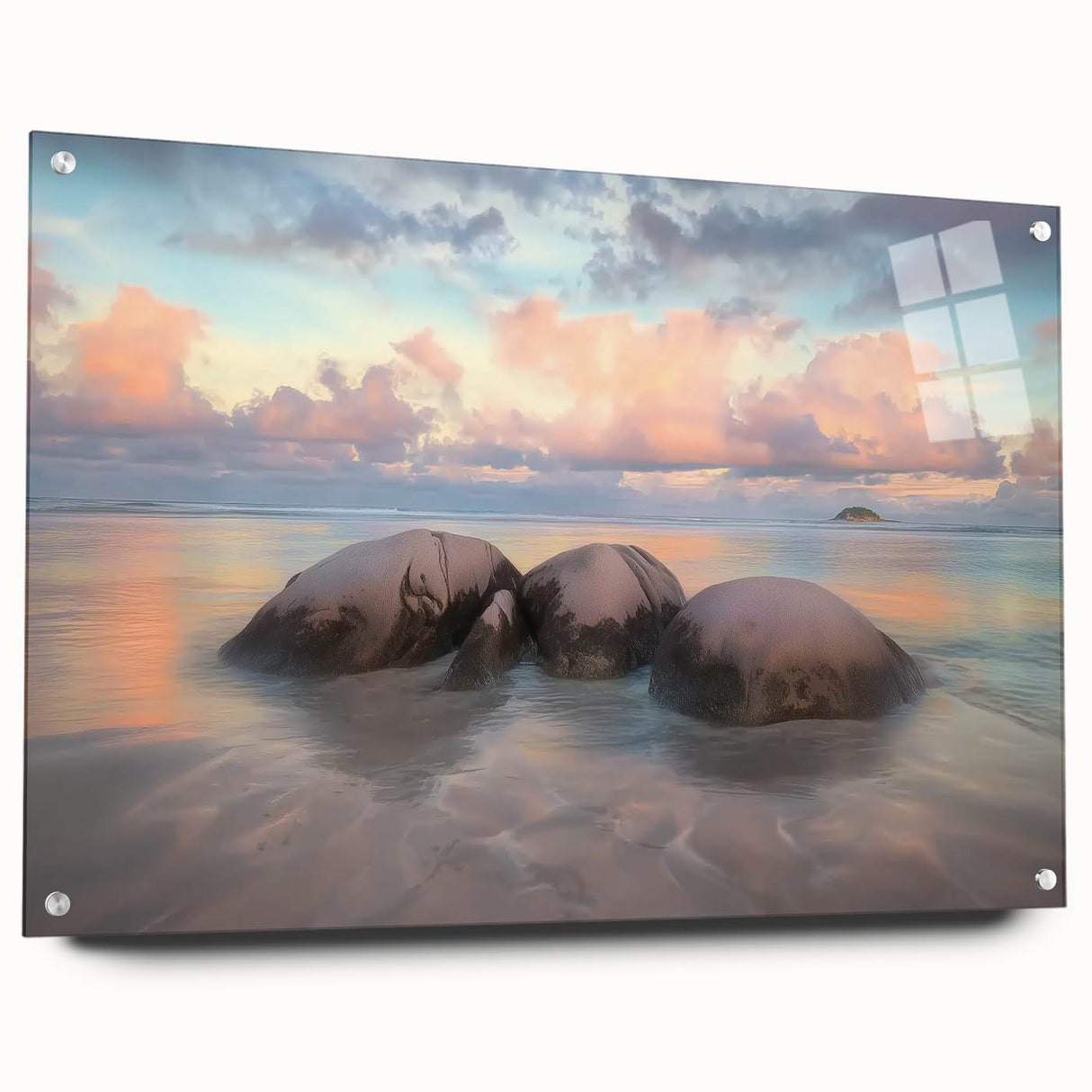 Acrylic glass artwork showcasing a serene beach landscape in vibrant colors, displayed from the side with visible pins, perfect for coastal-themed decor.