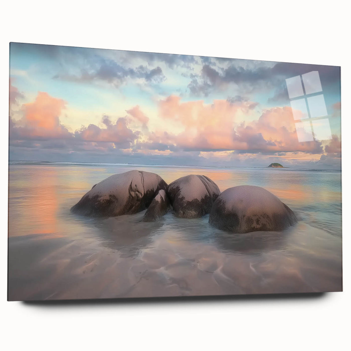 Acrylic wall art showcasing a serene beach landscape with vibrant colors, displayed from a side view without pins, perfect for coastal home decor.