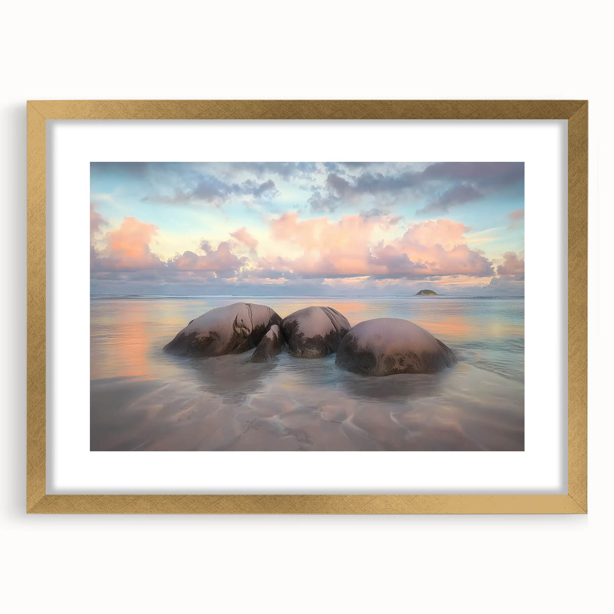 Elegant landscape beach scene framed in a gold mat, showcasing serene ocean waves and sandy shores, perfect for home decor and coastal aesthetics.