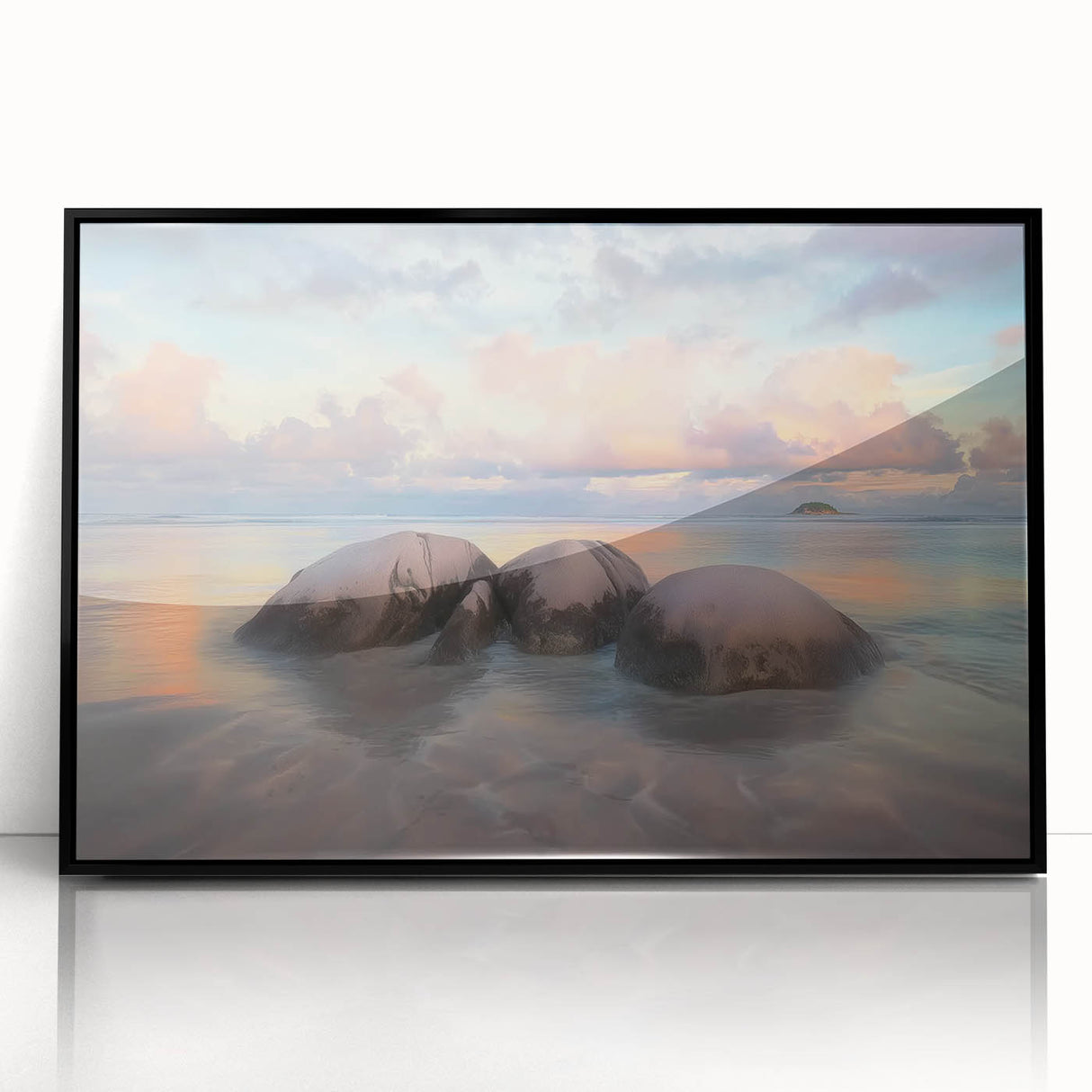 Framed acrylic artwork showcasing a serene beach landscape with vibrant colors, enhanced by a sleek black frame, ideal for modern home decor and coastal themes.