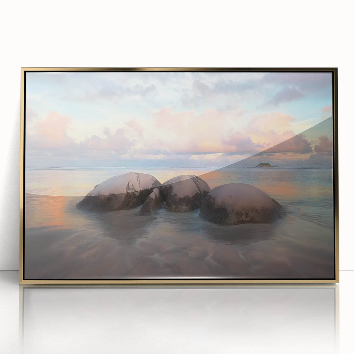 Framed acrylic artwork depicting a serene beach landscape with golden hues, ideal for coastal-themed decor. Perfect for adding a touch of elegance to any room.