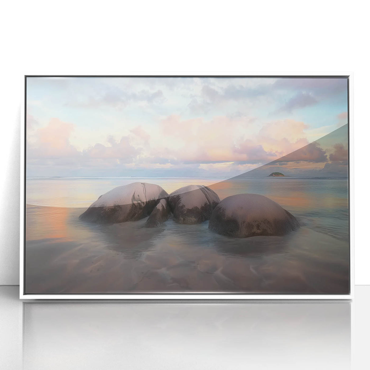 Framed acrylic artwork showcasing a serene beach landscape with soft waves and a clear sky, elegantly displayed in a sleek white frame, perfect for coastal decor enthusiasts.