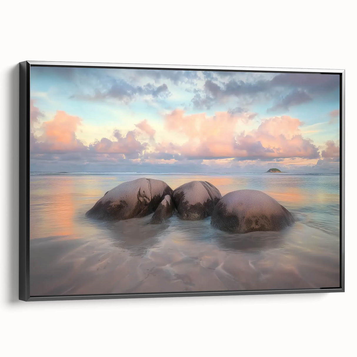 Framed landscape canvas depicting serene beaches at sunset, featuring vibrant colors and a black frame, ideal for enhancing home decor and creating a calming atmosphere.