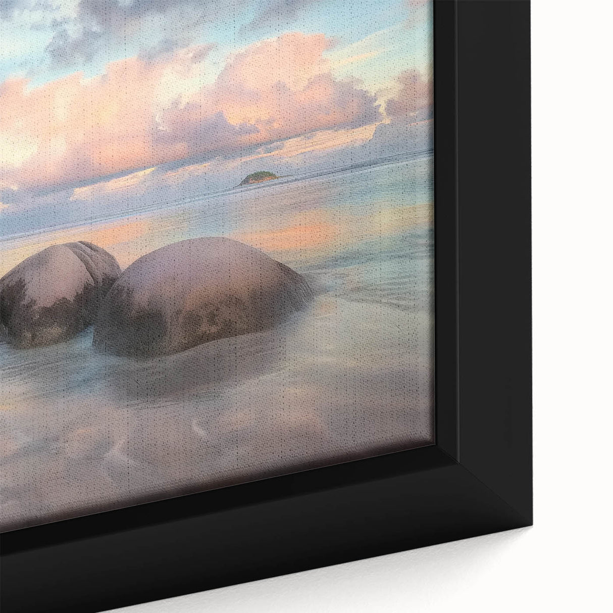 Close-up of a framed canvas showcasing a vibrant beach landscape with colorful skies and tranquil waves, ideal for enhancing coastal home decor. The artwork captures the serene beauty of seaside views, combining rich colors and intricate details for a stunning visual impact.