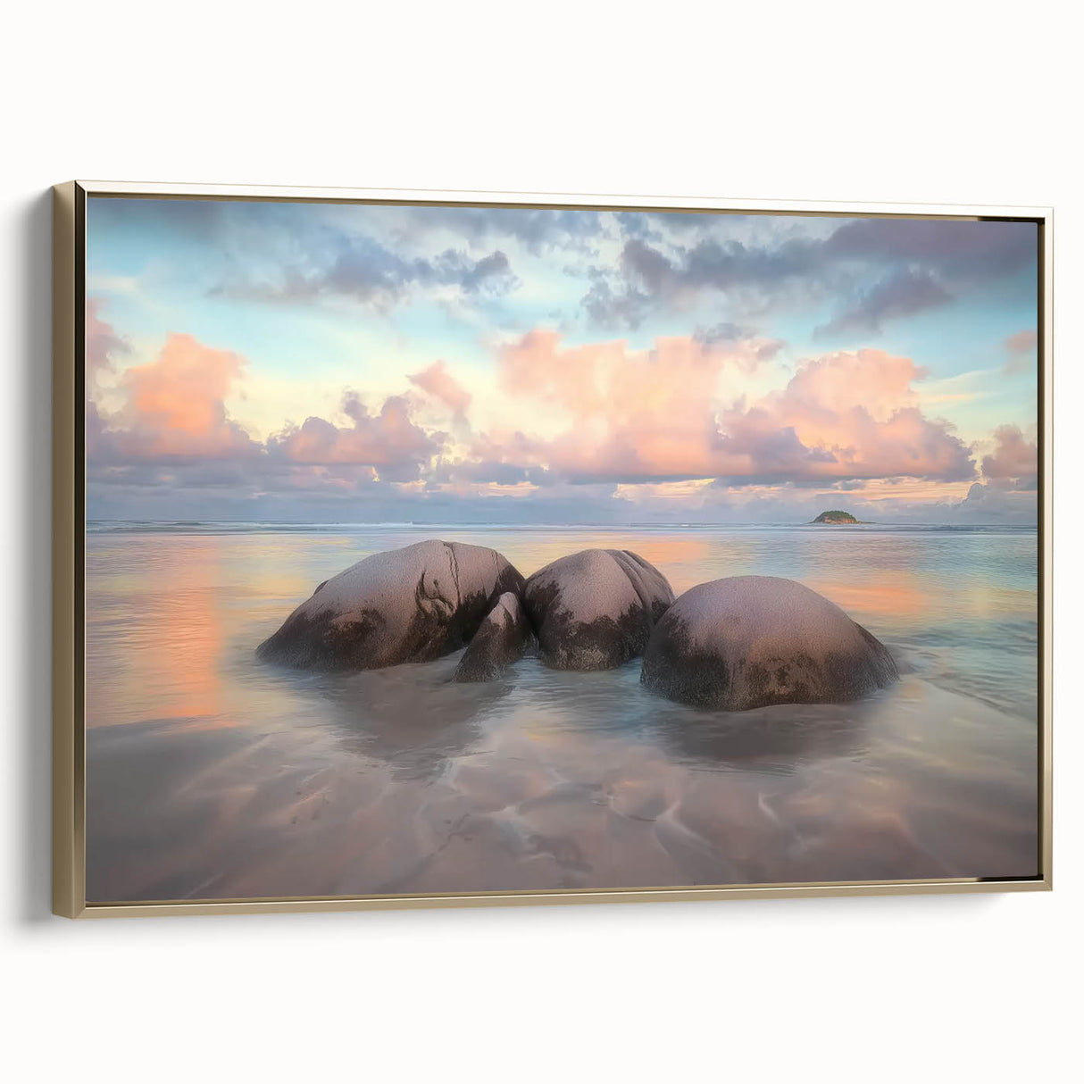 Framed canvas artwork showcasing a serene beach landscape with golden accents, perfect for home decor, adding a touch of elegance and tranquility to any room.