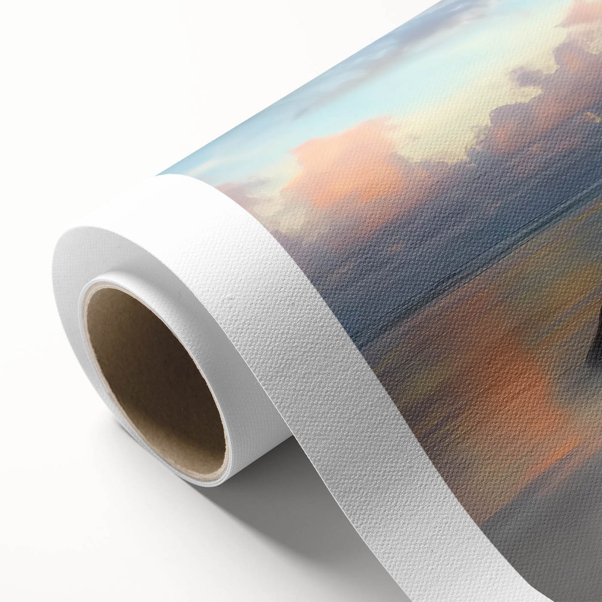 Rolled canvas artwork showcasing a serene beach landscape with vibrant colors and intricate details, elegantly packaged in a protective cardboard tube for safe delivery.