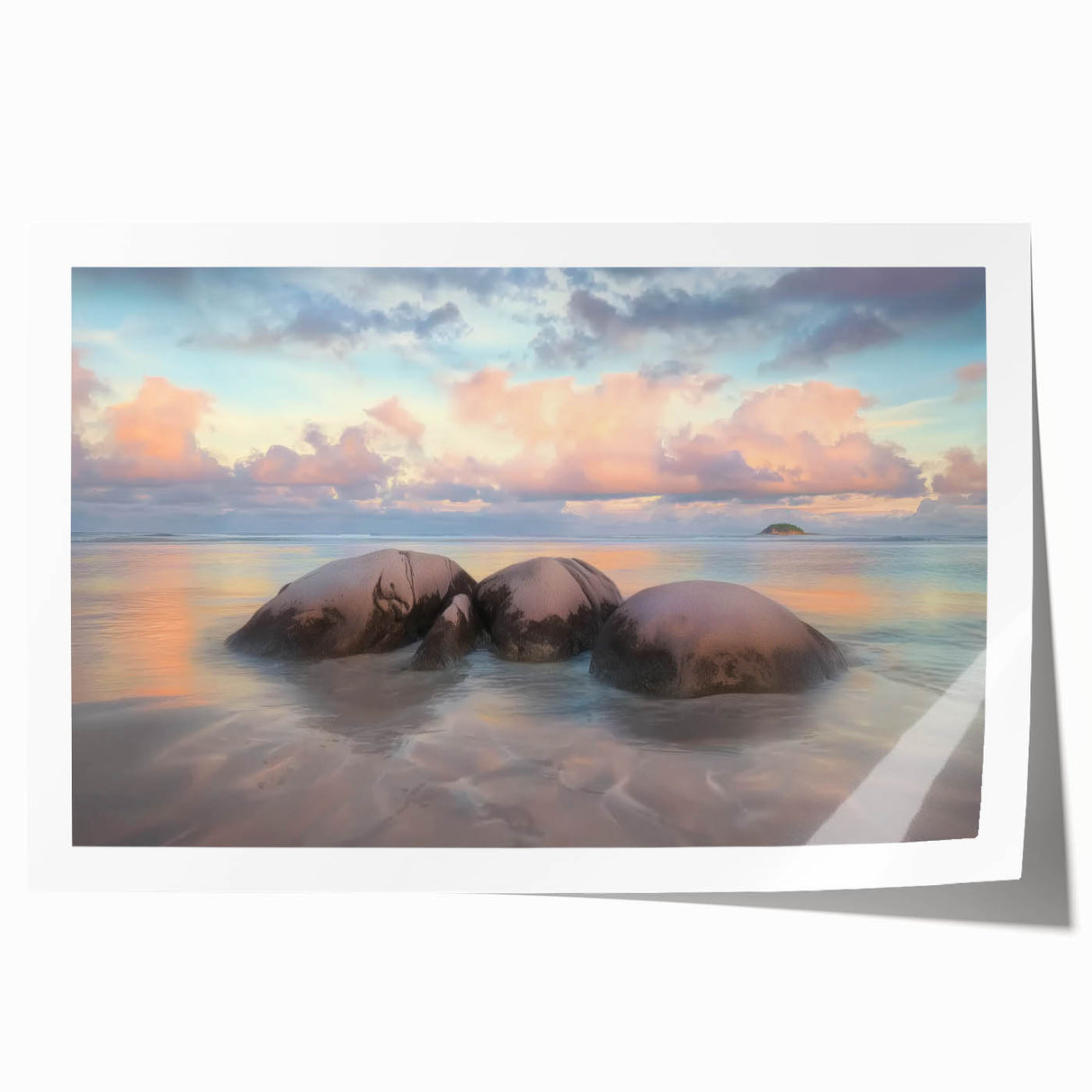 Vibrant rolled canvas print showcasing a serene beach landscape with golden sands and turquoise waves, elegantly packaged in a protective cardboard tube for safe delivery.