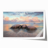 Vibrant rolled canvas print showcasing a serene beach landscape with golden sands and turquoise waves, elegantly packaged in a protective cardboard tube for safe delivery.