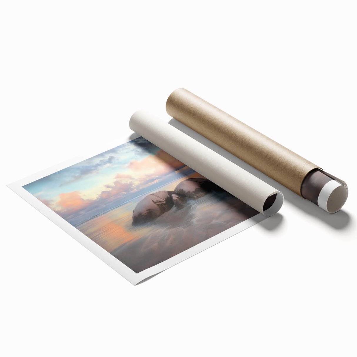 Landscape canvas print showcasing a serene beach scene with gentle waves and soft sand, rolled for shipping in a protective cardboard tube, ideal for home decor.