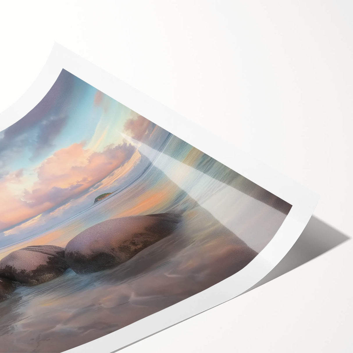 Vibrant rolled canvas print showcasing a serene beach landscape with soft waves and a clear sky, elegantly packaged in a protective cardboard tube for display.
