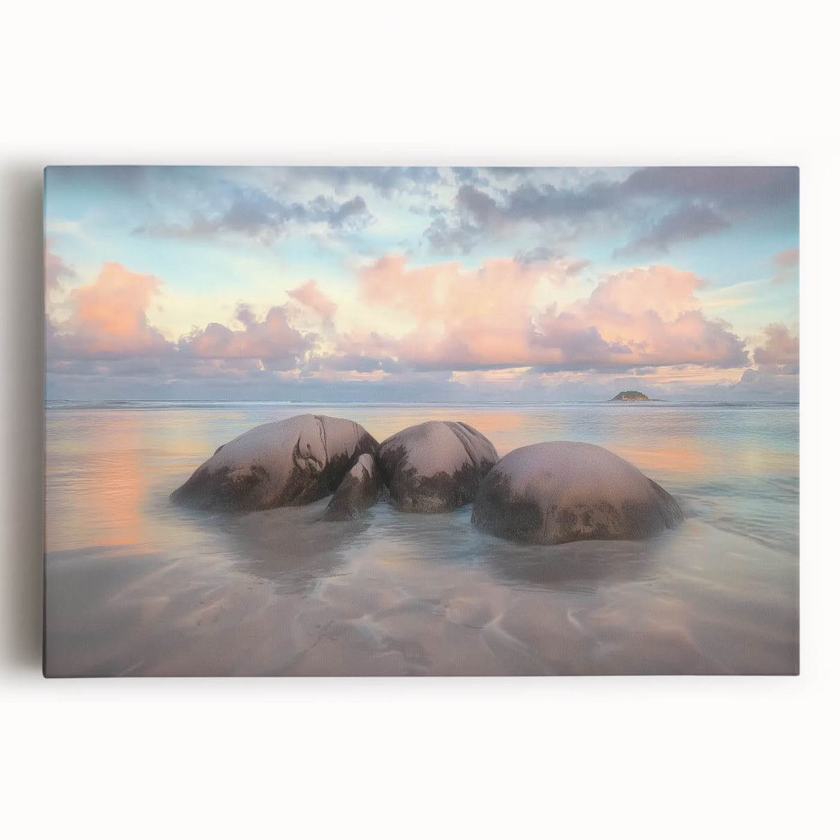 Stretched canvas artwork depicting a serene beach landscape with vibrant blue skies and soft, golden sand. Ideal for coastal-themed home decor.