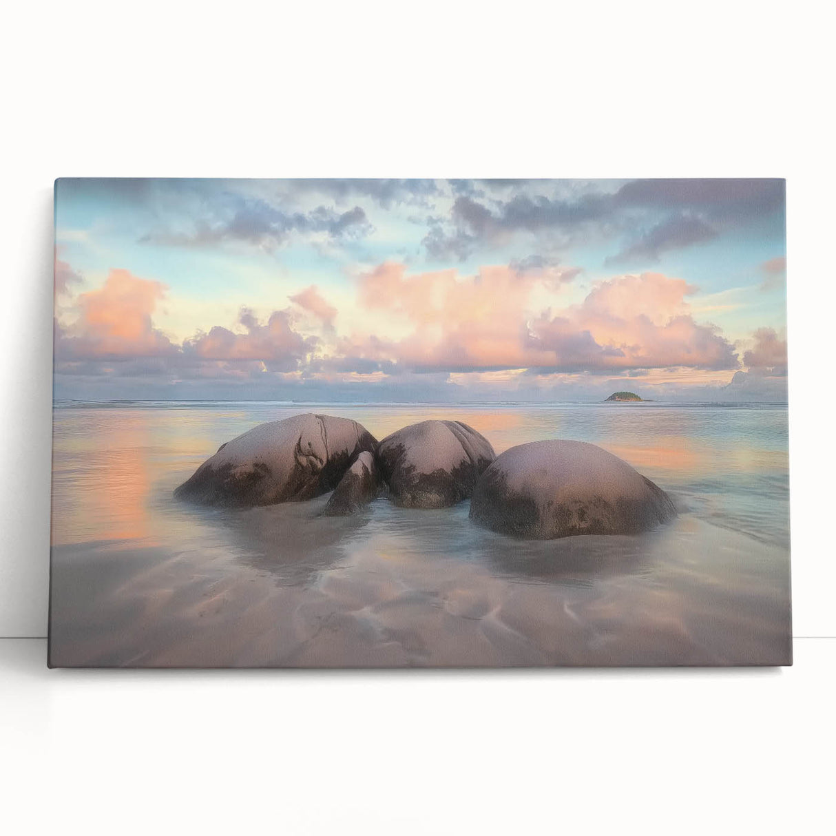 Stretched canvas artwork showcasing a serene beach landscape with vibrant blue skies and golden sands, perfect for coastal-themed home decor. Ideal for adding a calming ambiance to any room, highlighting nature's beauty and tranquility.