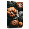 Large abstract wall art depicting fall seasons in muted orange and brown tones on acrylic glass.