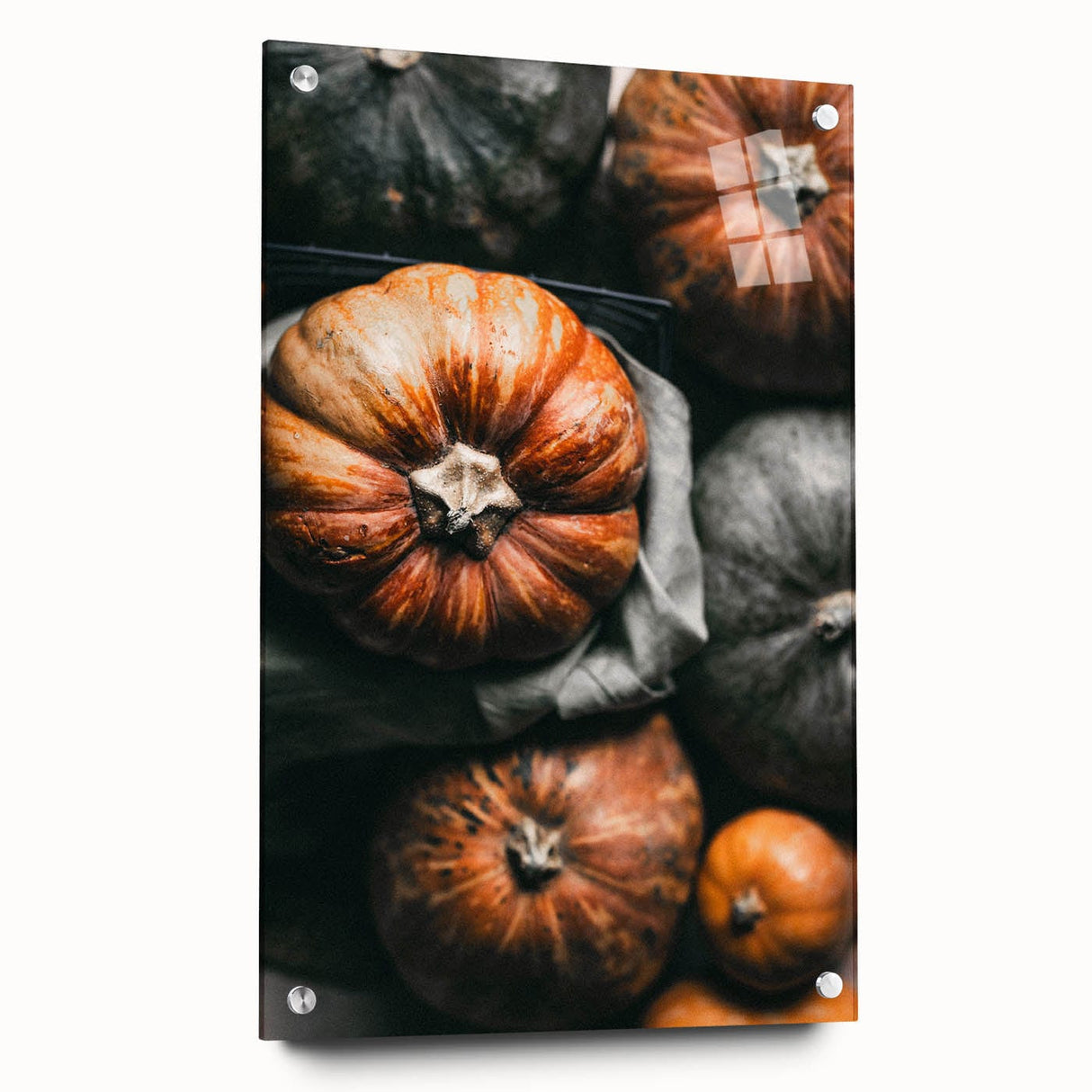 Large abstract wall art depicting fall seasons in muted orange and brown tones on acrylic glass.