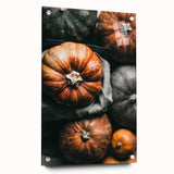 Large abstract wall art depicting fall seasons in muted orange and brown tones on acrylic glass.