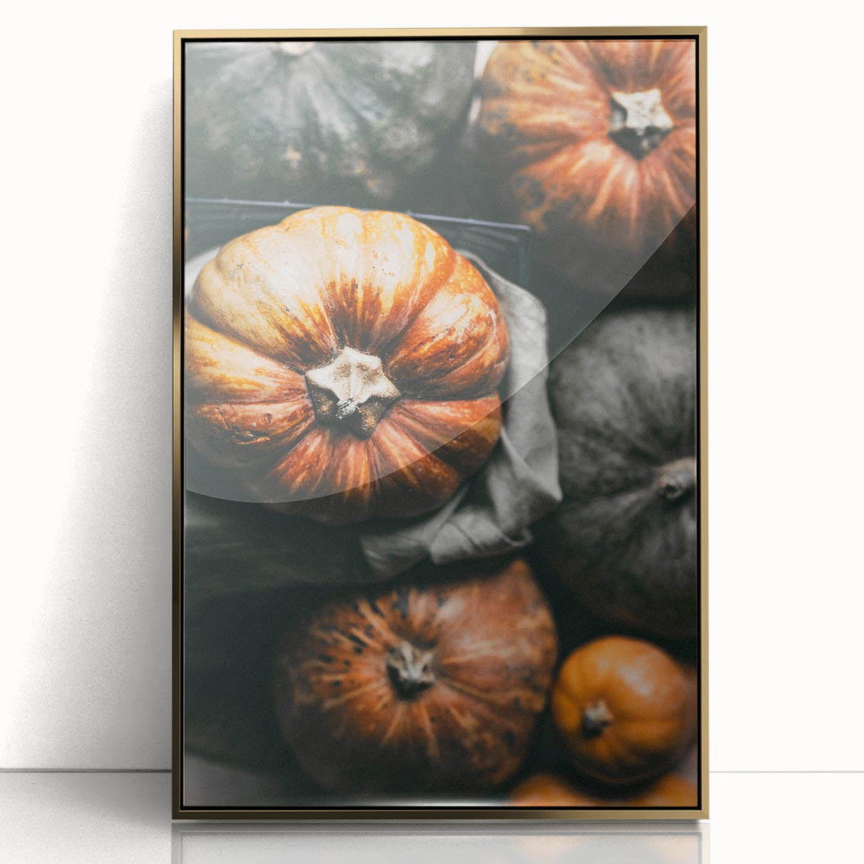 Large art print of a mid-century modernist autumn scene in warm gold and orange tones, framed acrylic.