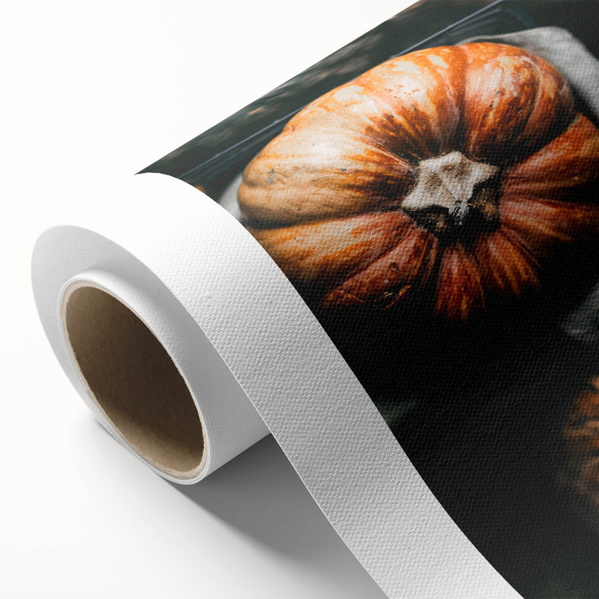 Art Deco-style poster of an autumnal forest scene on rolled canvas, featuring warm orange and brown tones.