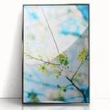 Mid-century modernist art depicting spring season in pastel shades on a silver-framed acrylic print.