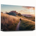 Acrylic glass landscape artwork depicting a majestic castle, elegantly displayed with pins, showcasing vibrant colors and intricate details against a stylish backdrop.