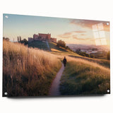 Acrylic glass landscape artwork depicting a majestic castle, elegantly displayed with pins, showcasing vibrant colors and intricate details against a stylish backdrop.