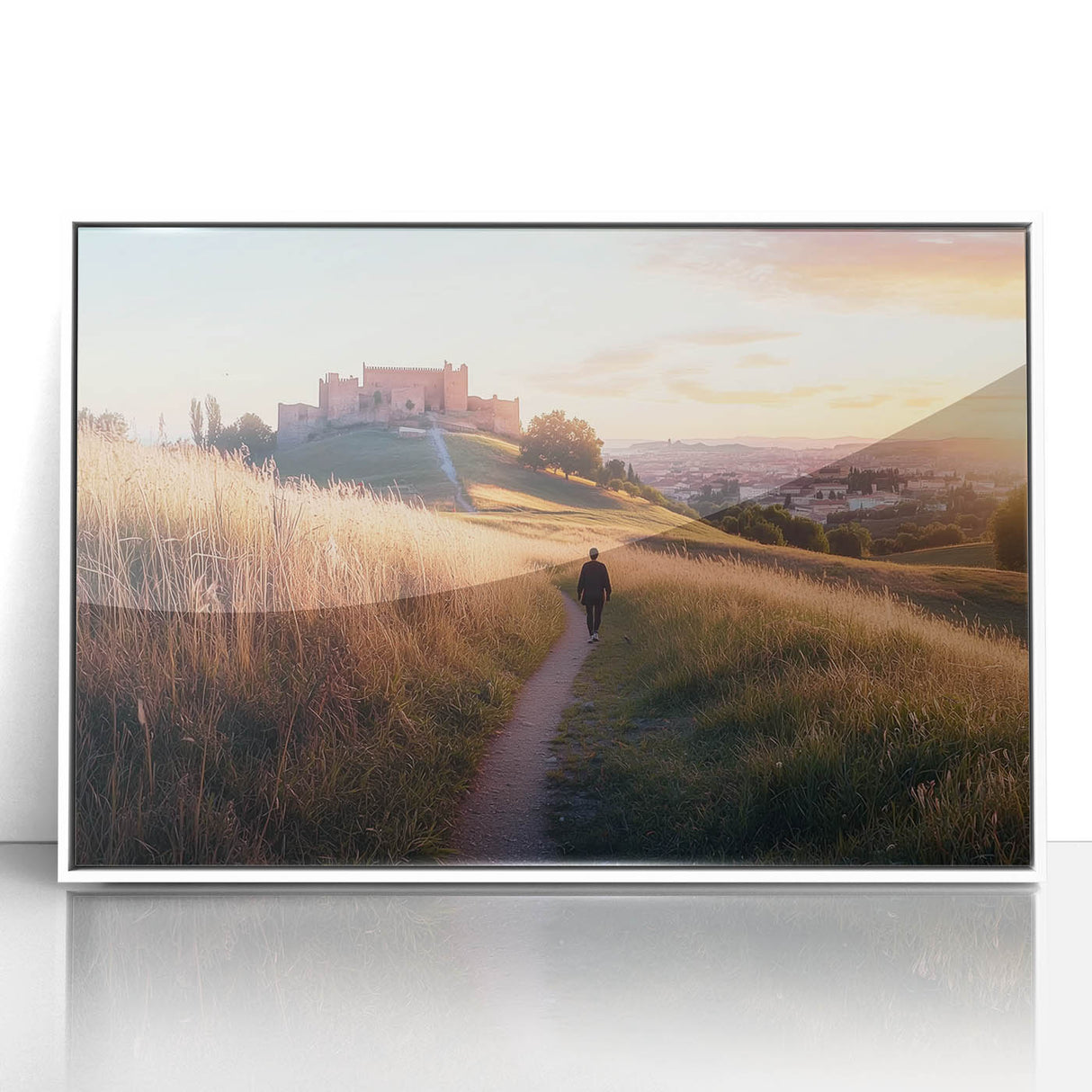 Framed acrylic artwork showcasing a picturesque landscape with a castle, set against a serene sky; features a sleek white frame that enhances its elegance.