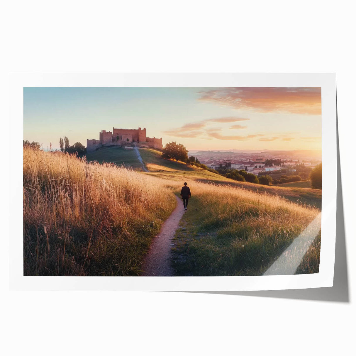 Rolled print showcasing a stunning landscape with a majestic castle nestled among rolling hills, featuring vibrant colors and intricate details, perfect for home decor.