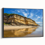 Framed canvas artwork showcasing a breathtaking landscape of cliffs, featuring vivid colors and fine details, set against a sleek black frame for an elegant display.