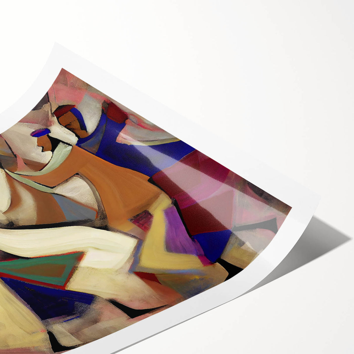 Abstract figurative rolled print showcasing vibrant colors and dynamic shapes, featuring modern art design perfect for contemporary home decor, packaged securely in a protective cardboard tube.