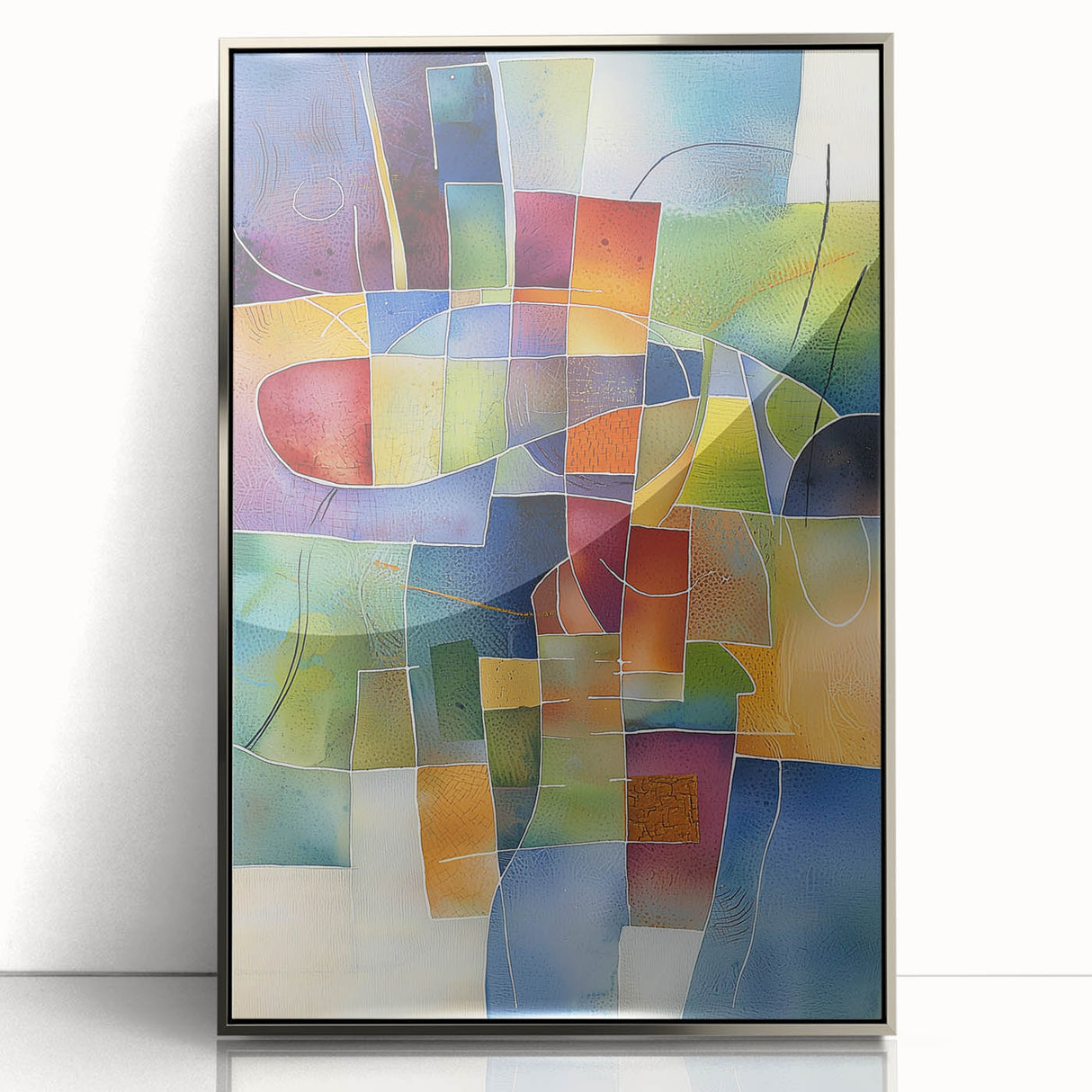 Framed abstract geometric wall art in silver tones, showcasing intricate patterns and a modern design, perfect for contemporary home decor.
