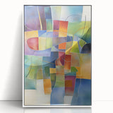 Abstract geometric framed acrylic art piece in white, showcasing a modern design with sharp angles and vibrant colors, perfect for contemporary home decor.