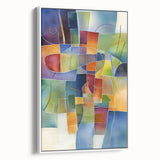 Framed abstract geometric canvas artwork showcasing a modern design with white tones, displayed in a side view, perfect for contemporary home decor.