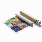 Abstract geometric rolled print showcasing vibrant colors and intricate patterns, elegantly packaged in a durable cardboard tube, perfect for modern home decor.