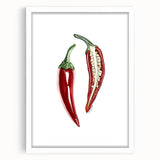 Abstract art print featuring assorted fruits in vibrant colors on a white framed mat, ideal for dining room decor.