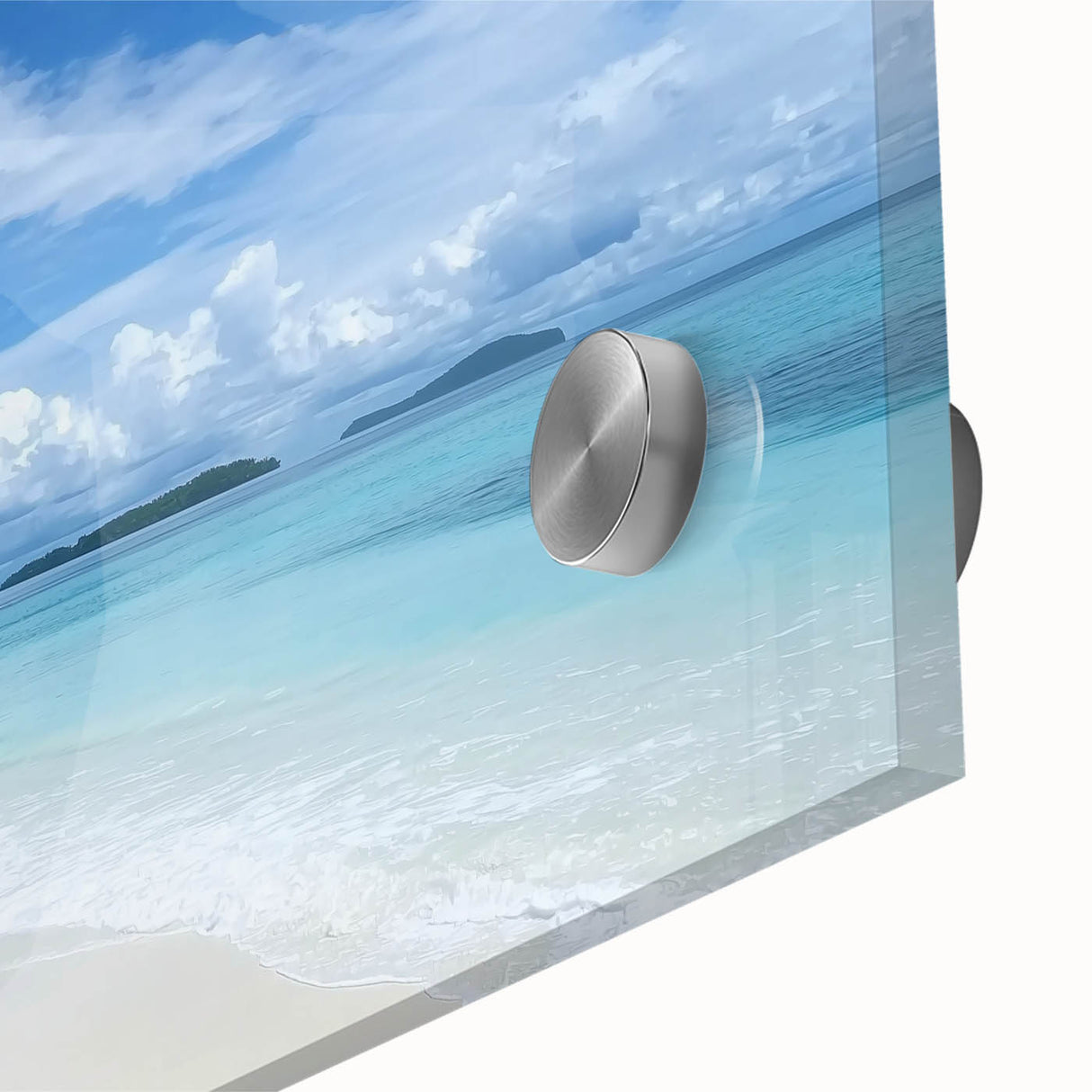 Vibrant close-up of a landscape acrylic glass artwork depicting serene beaches with gentle waves, showcasing intricate details and rich colors, perfect for coastal decor. This stunning piece enhances any living space with its modern aesthetic.