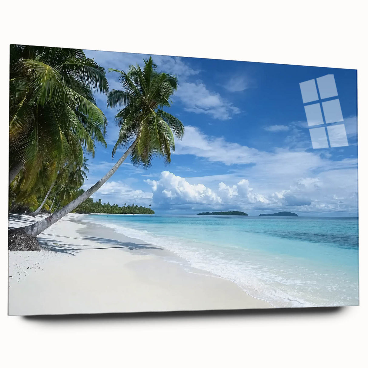 Landscape acrylic glass artwork showcasing a serene beach scene with vibrant colors and fine details, viewed from the side without pins, perfect for modern decor. Ideal for adding a coastal touch to your home or office.