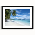 Framed landscape art of tranquil beaches with a black mat, showcasing serene turquoise waters and soft sandy shores, perfect for home decor enhancement.
