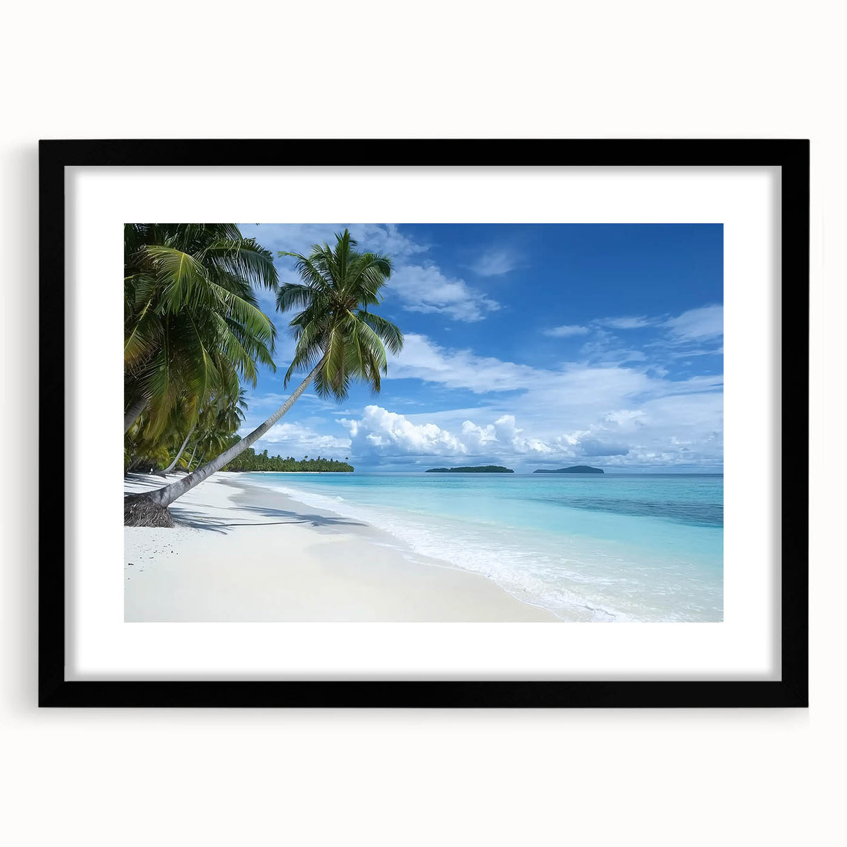 Framed landscape art of tranquil beaches with a black mat, showcasing serene turquoise waters and soft sandy shores, perfect for home decor enhancement.