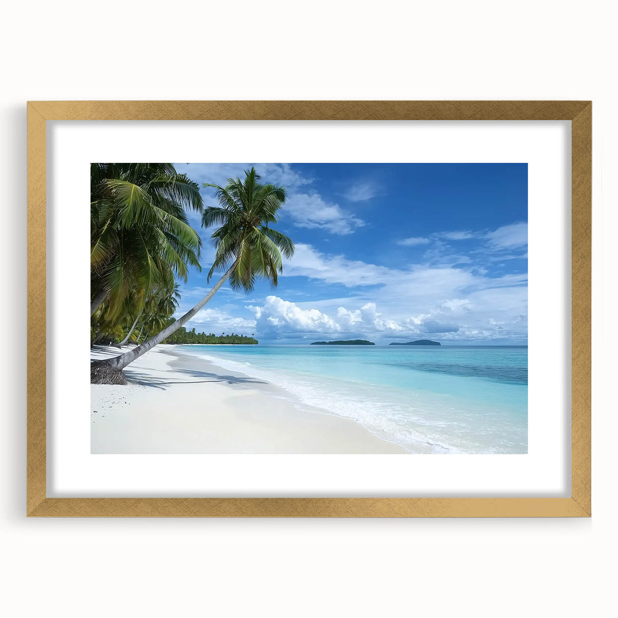 Elegant gold-framed landscape artwork depicting serene beaches, accented with a sophisticated mat, ideal for enhancing home décor with a coastal theme.